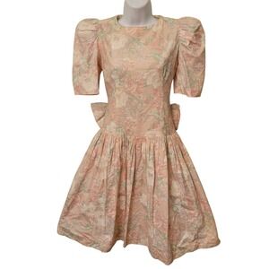Vtg Jodi Michaels 80s Floral Cotton Puff Sleeve Dress Pink 3 Cottage‎ Princess